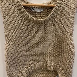 Zara Cropped Chunky Taupe Sweater Vest with Gold Shimmer